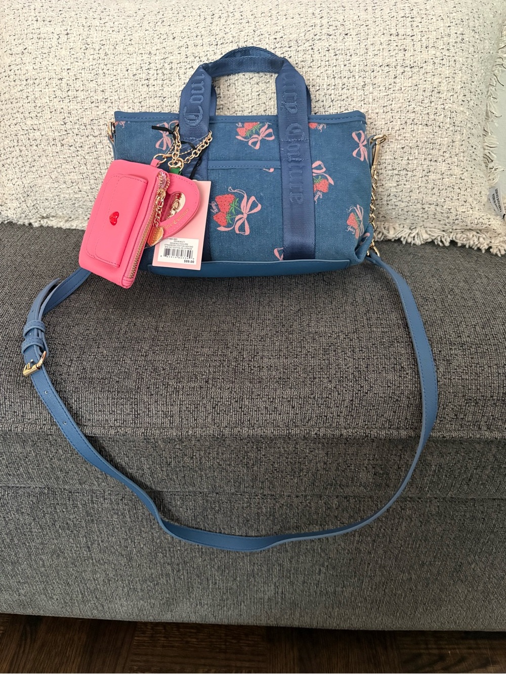 Blue Floral Mini Satchel Bag with Pink Cardholder